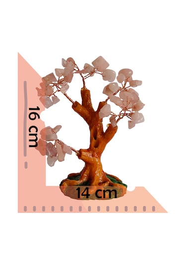 Pembe Kuvars Doğal Taşlı Hayat Ağacı Biblo - 16x14 Cm El Yapımı E