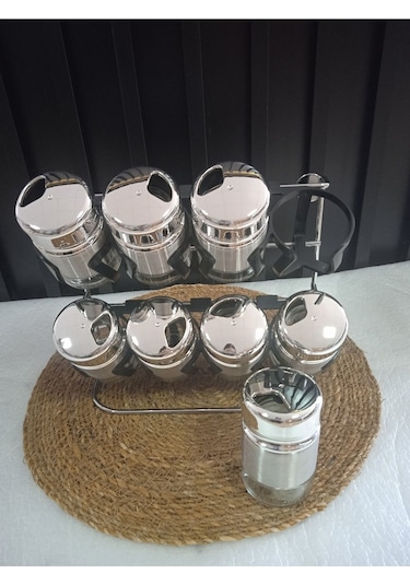 Çelik Standlı Baharatlık 9 Parça Cam Çelik Baharat Seti Gri