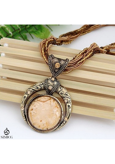 El Dokuması Bohem Pirinç Boncuklu Retro Etnik Tarzda Yuvarlak Değerli Taş Kolye Kahverengi