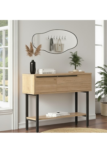 Robin Home Antre Hol Salon Aynalı Dresuar Kapaklı Metal Ayaklı No1 Sepet Kahverengi