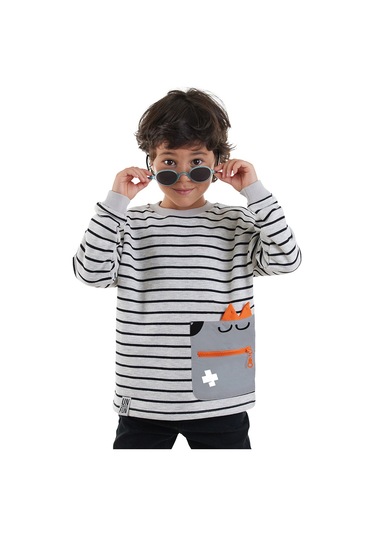 Denokids Cool Oversize Çizgili Erkek Çocuk Sweatshirt - Gri