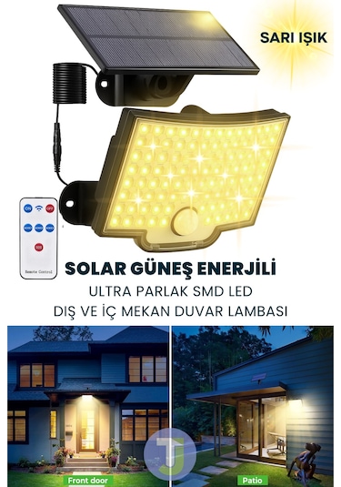 Technojet 106 Led Solar Duvar Lambası Smd Sarı Işık, Kumandalı, 3 Modlu, Ip65 Bahçe Aydınlatma