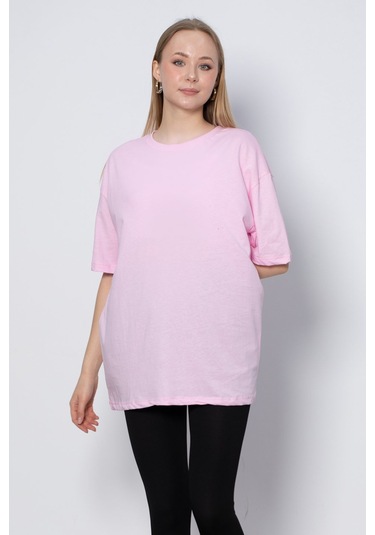 Bisiklet Yaka Oversize T-Shirt - Pembe-Pembe