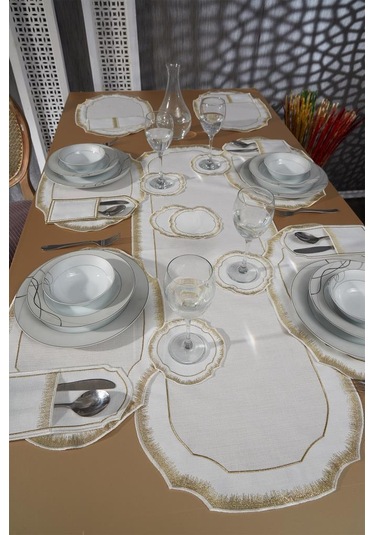 Aslı Keten Nakışlı Amerikan Servis Takımı 19 Parça Gold Gold