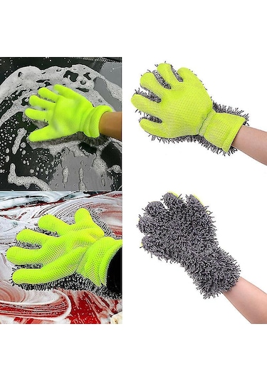 Çift Taraflı Mikrofiber Şönil Tüylü 5 Parmaklı Araba Oto Yıkama Temizlik Eldiveni Yeşil Gri