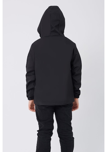 Erkek Çocuk Siyah İçi Astarlı Su Ve Rüzgar Geçirmez Kapüşonlu Çift Fermuarlı Cepli Mont Siyah
