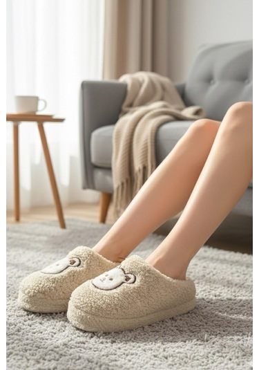 Ft 103 Panda Nakışlı Kadın Ev Terliği Peluş Terlik Çeyiz Ve Bohça Terliği Ses Yapmaz Kalın Taban Krem
