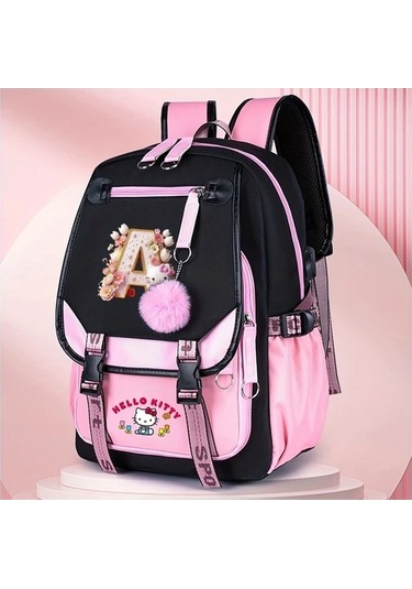 Fastbuy N Sanrio Hello Kitty 26 Harf Tasarımı Pembe Günlük Seyahat Çantası - Dayanıklı Hafif Polyester Sırt Çanta Çok Renkli
