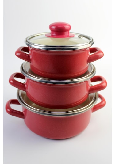 3 Lü Lüks Emaye Mini Tencere Seti Kırmızı 12/14/16cm
