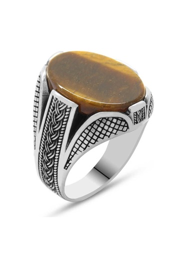 Kaplangözü Taşlı Örgü Tasarım 925 Ayar Gümüş Erkek Yüzük (393420419)