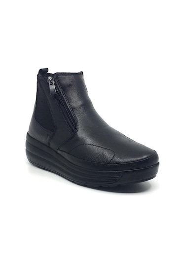 Taşpınar %100 Deri Kadın Rahat Tam Ortopedik Günlük Kürklü Kışlık Fermuarlı Lastikli Bot 36-42 Siyah