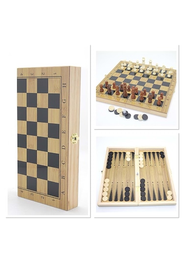 Ahşap Kutulu Tavla Ve Satranç Seti 34 Cm