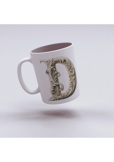 D Harfi Bardak, Monogram 330 Ml Barok Oymalı Görünüm Beyaz