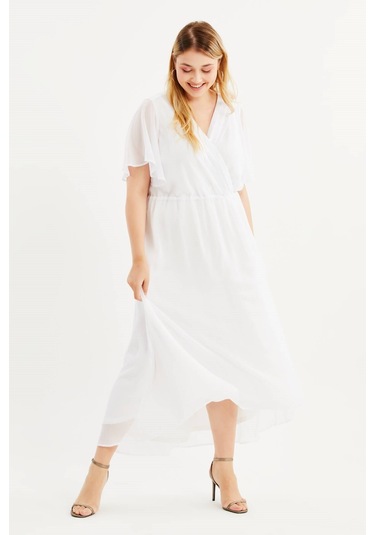 Anvelop Pelerin Kol Şifon Elbise-1512 Beyaz