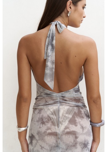 Enonireh Dekolteli Gri Uzun Elbise Gri