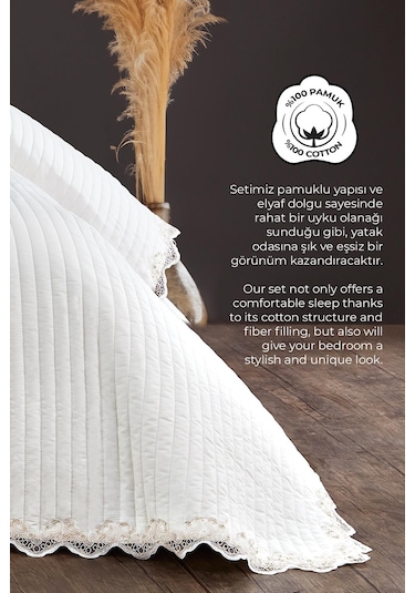 Evlen Home Mihrimah Dantelli Lüks Yatak Örtüsü Seti Çift Kişilik %100 Pamuk Şık Zarif Yumuşak Krem Kırık Beyaz