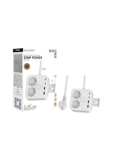 Akım Korumalı 2'li Priz, Çocuk Korumalı Ve Isıya Dayanıklı Yapı, 2x Usb 2x Usb A Girişli Tasarruflu Adaptör, 2 Metre Uzatma Kablosu 1