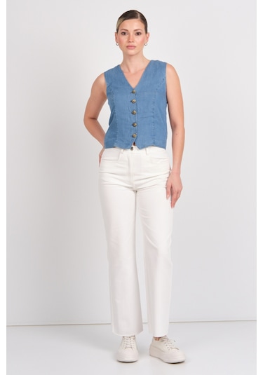 Only Kadın Onlırıs Kolsuz Düğmeli Jean Yelek 15337941 Indigo Indigo