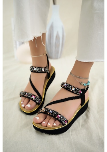 Khayt Claire Anatomik Fashion Taşlı Günlük Kadın Sandalet Siyah