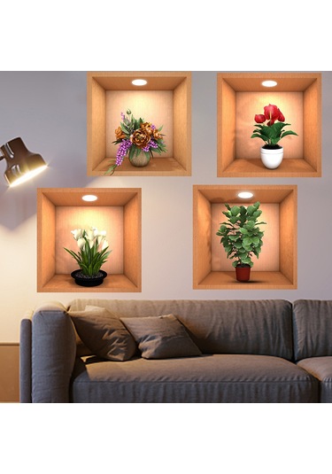 Geekyou 3d Yeşil Bitki Duvar Sticker, Vinyl, Su Geçirmez, Kolay Uygulama, 4 Adet, 30x30cm, Çeşitli Yüzeylere Uygulanabilir Çok Renkli