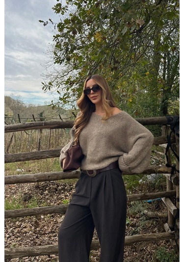 Vizon Kayık Yaka Kazak - 4338 Vizon