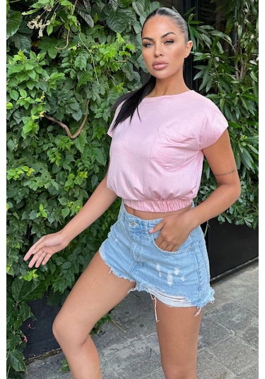 Kadın Pembe Yarım Kol, Geniş Yaka, Tek Cepli, Beli Lastikli Rahat Crop Bluz Pembe
