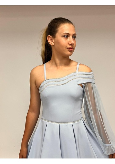 Kız Çocuk Abiye Kısa Krep Bebe Mavi Yaka Şerit Taşlı Tek Kol Çıkabilen Tül Erkut Abiye Elbise 10-15 Yaş İndigo