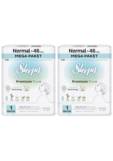 Sleepy Bio Natural Premium Plus Hijyenik Ped Mega Paket Normal 46x2 (92 Adet) + Cüzdan Hediyeli