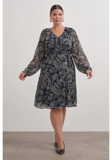 V Yaka Fırfırlı Kuşaklı Elbise-3366 Siyah