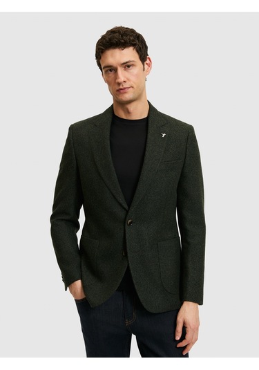 Cacharel Koyu Yeşil Slim Fit Yün Karışımlı Flanel Ceket Yesıl