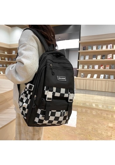 Novahub Siyah Dama Tahtalı Çanta Desenli Okul Çantası Kız Öğrenci Sırt Çantası Ortaokul Kadın Sırt Çantası Siyah