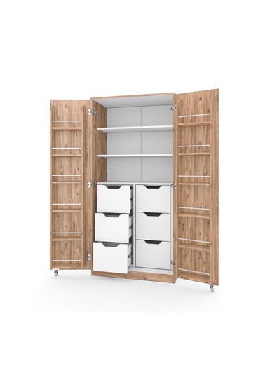 165 Derece Açılabilir 2 Kapaklı, 6 Çekmeceli, Kavanoz Raflı Kiler Ve Erzak Mutfak Dolabı Atlantik Çam