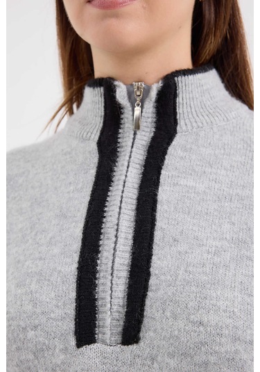 Gabria Fermuarlı Şeritli Kazak Gri