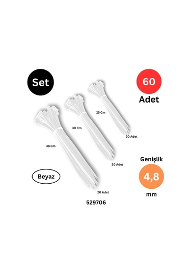 Plastik Kablo Bağı, 250-300-380 Mm X 4.8 Mm, 60 Adet, Beyaz