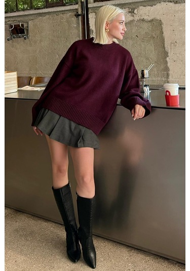 Mürdüm Bisiklet Yaka Oversize Triko Kazak Mg1972 Mürdüm