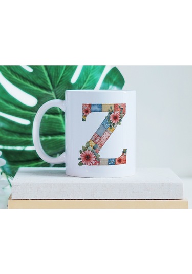 Z Harfli Retro Çiçekli Kupa Bardak - Patchwork Tarz Yamalı Desenli İsme Özel Kupa - Hediye 07 Beyaz