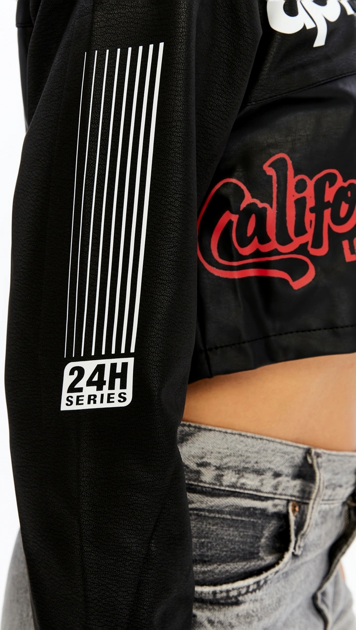 Kadın Crop Deri Ceket Renkli Baskılı Motorcu Stil Mont - Kısa Ceket Çok Renkli Mont - Hakim Yaka Siyah