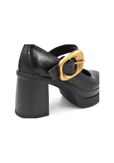 Beyaz London Poli Hafif Taban Gold Toka Detaylı Yüksek Topuklu Platform Kadın Ayakkabı Siyah Siyah