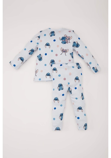 DeFacto Kız Bebek Pijama Takımı Disney Lilo & Stitch Bisiklet Yaka Uzun Kollu Fitilli Kaşkorse Üst Beli Lastikli Uzun Alt D5373A524WNBE61 Mavi