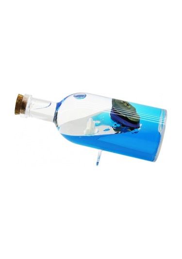 Mavi Su - Adalı Yuvarlak Mika Şişe Yan Duruş Ayaklı Yüzen Batmayan Gemi Dekoratif Biblo Akvaryum 6x