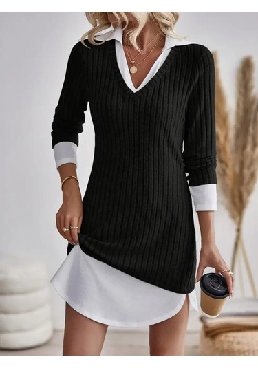 Kadın Uzun Kollu Yakalı Şardonlu Kaşkorse Dokuma Detaylı Elbise Siyah