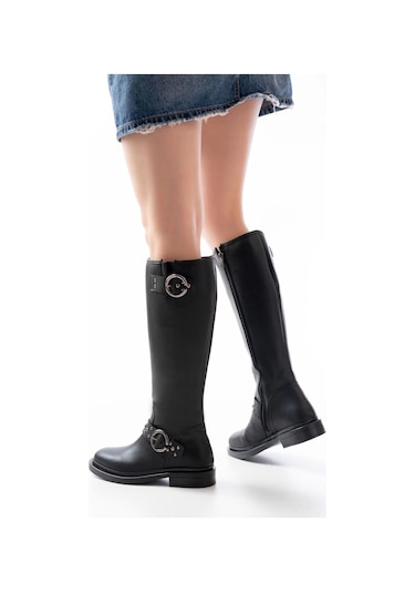 Siyah Toka Aksesuarlı Lastikli Fermuarlı Günlük Kadın Çizme Siyah