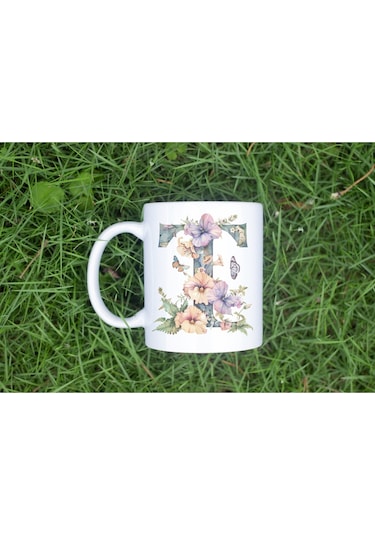 T Harfi Çiçekli Kupa Bardak - Soft Renk Çiçek Ve Kelebek Desenli Zarif Kahve Kupası - Bohem Beyaz
