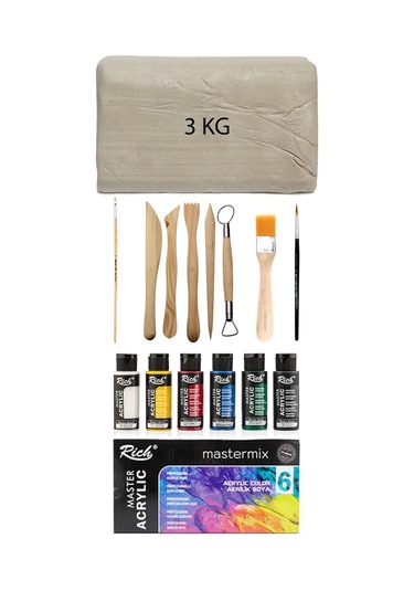 Beyaz Seramik Hamuru 3 Kg Master Mix Akrilik Set Ana Renkler 6lı 60cc Ebeşuar Seti Seramik Seti