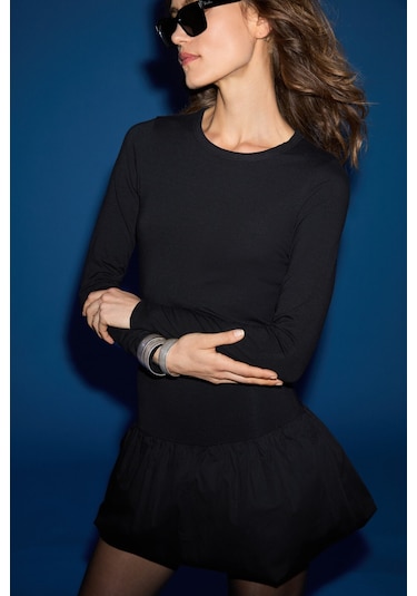 Pani Florıne Kadın Slim Fit Balon Etek Kısmı Dokuma Poplin Üstü Esnek Viskon Mini Siyah Elbise