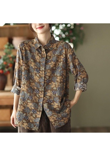 Kadın Baskılı Pamuk Keten Gömlek Kadın Rahat İlkbahar Ve Sonbahar Vintage Uzun Kollu Gömlek Üst Kahve Kahverengi