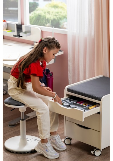 Creo Mobili Çekmeceli Tekerlekli Sirius Keson, Oturulabilir Ofis Ve Ev Komodini, Ekru/sarı