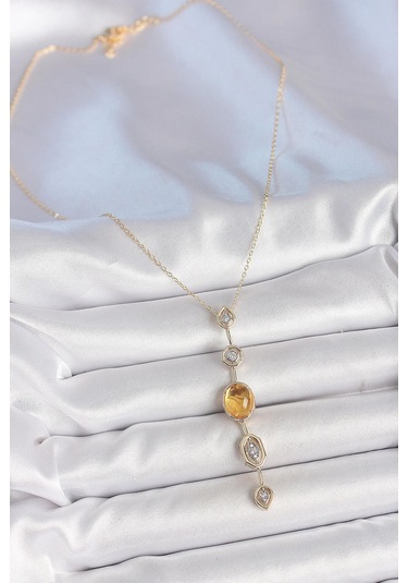 Pirinç Zincir Kehribar Sarı Gold Renk Zirkon Taşlı Y Kolye Çok Renkli