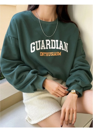 Kadın Nefti Yeşili Guardıan Baskılı Oversize Sweatshirt Nefti Yeşili