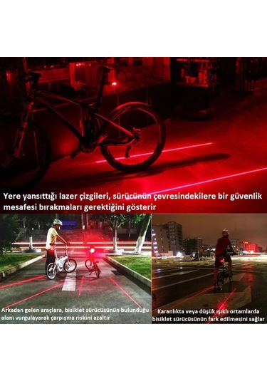 Venaliastore Lazer Güvenlik Işıklı Bisiklet Lambası Arka Led Ikili Lazer 7 Mod